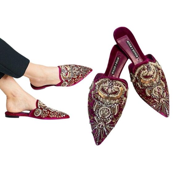 Alice + Olivia Raspberry Urtin Embellished Velvet Mules/Slides NWOB Size 8.5 - Picture 1 of 11